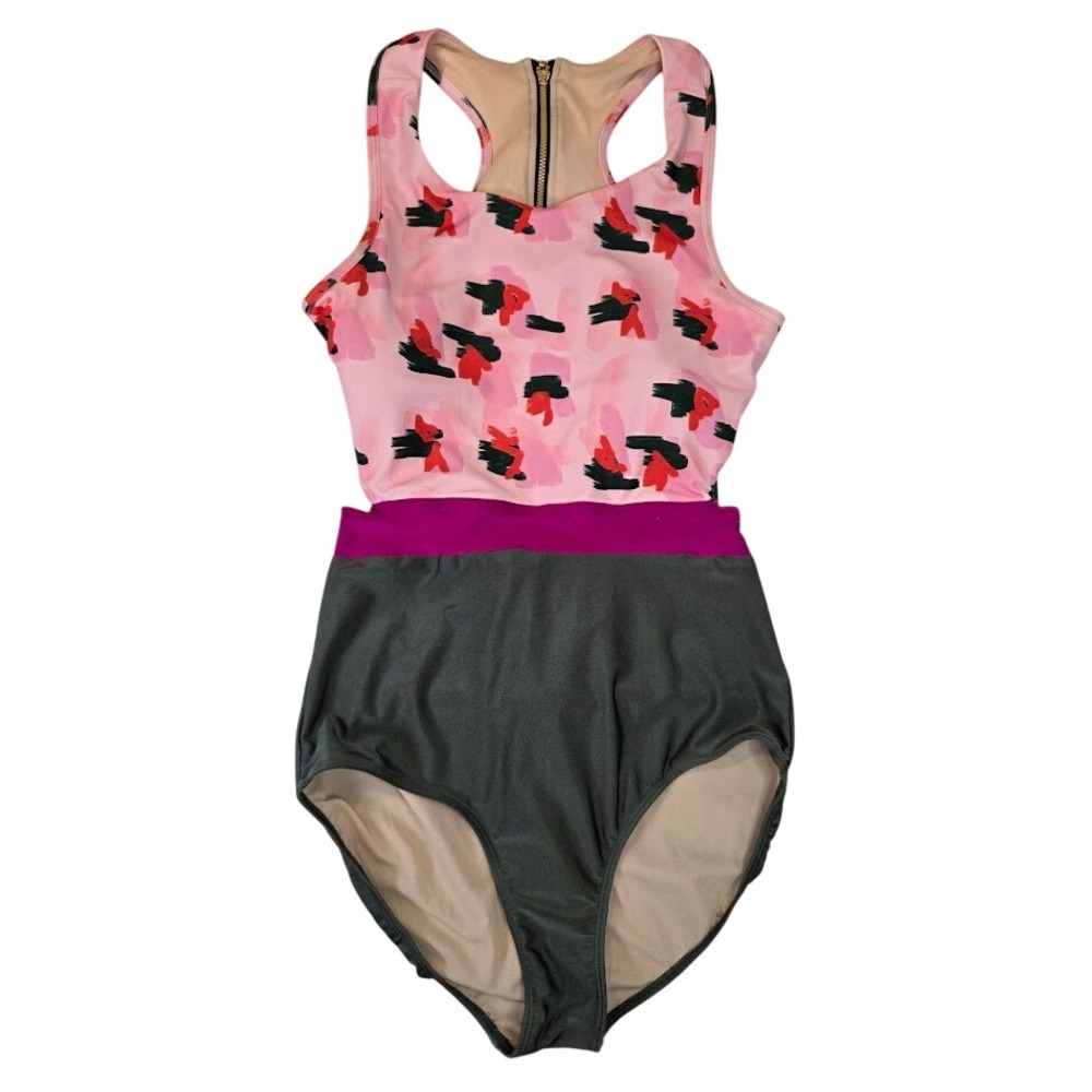 Albion Fit Women's L One Piece Swimsuit Pink Green Brushstroke Zipper Tie Back